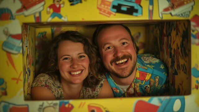 Married Couple Acting Funny and Sarcastic Inside of a Huge Toy Box.