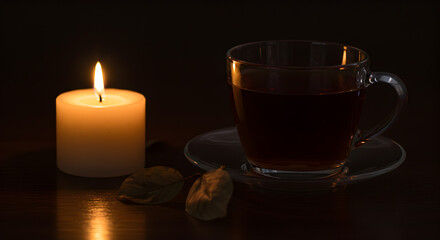Fototapeta premium Warm ambiance illuminated with a tea cup and a burning candle display