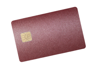 Card for economic payment. Glossy plastic credit and debit bank card with chip, burgundy gradient, shining texture, clean and elegant style, wealth and finance concept. Isolated on white background..