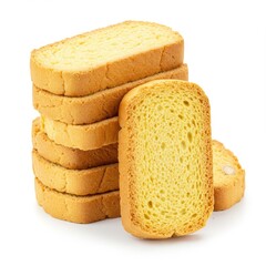 A stack of rectangular rusks with one standing next to it on a white background in close up view