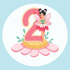 Cute and modest fairy stands on a beautiful flower with number 2 on white background. Flora and Fauna. Birthday, Banner, Flyer, Greeting Card. Vector illustration in flat cartoon style