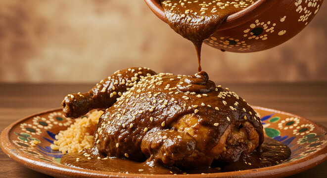 Authentic mexican mole poblano preparation over chicken and rice dinner dish