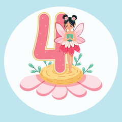 Cute and modest fairy stands on a beautiful flower with number 4 on white background. Flora and Fauna. Birthday, Banner, Flyer, Greeting Card. Vector illustration in flat cartoon style
