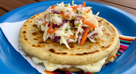 Authentic Salvadoran pupusa served with curtido slaw on a vibrant blue plate