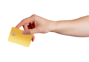 Card for financial service. Customer hand holding shiny plastic credit and debit bank card with chip, yellow pearl texture, glossy and elegant style, clean design concept. Isolated on white background