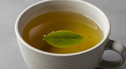 Steaming cup of refreshing green tea with a floating green tea leaf inside