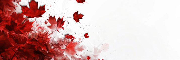 Victoria Day in Canada, flying red maple leaves, abstract autumn white background, horizontal banner, copy space, free space for text