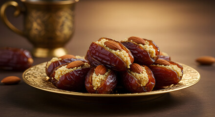 Elegant display of stuffed dates with almond filling on an ornate golden plate