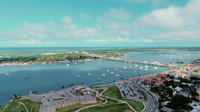 Scenic drone footage of St. Augustine, Florida, showcasing its historic streets, Spanish colonial architecture, and charming coastal atmosphere. Ideal for travel documentaries, tourism content