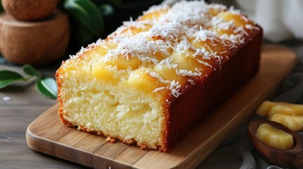 Golden pineapple cake with coconut, nestled on wood. Sliced pineapple and lush greenery create a warm, inviting scene