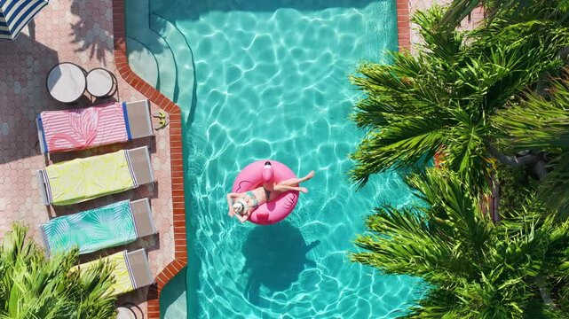 Top-down view of happy carefree woman enjoying vacation stay in luxury tropical villa with pool in Miami, Florida. Sexy female on pink flamingo float on summer trip sunbathing in pool. Luxury travel