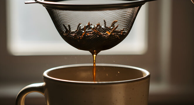Steeping loose leaf tea into ceramic mug using a mesh strainer for perfect infusion