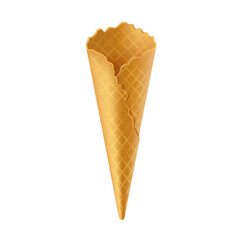 Realistic illustration of a single empty waffle cone. Golden brown with a textured surface and scalloped edges, ideal for holding favorite ice cream flavors.