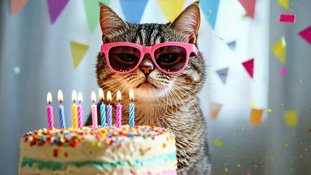 Funny cat in sunglasses at birthday party
