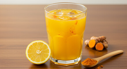 Fototapeta premium Refreshing Turmeric Lemonade: A Vibrant and Healthy Beverage Composition