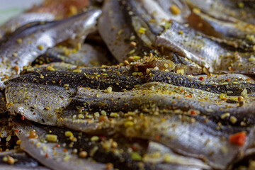small fillet of fish marinated before cooking. Healthy food