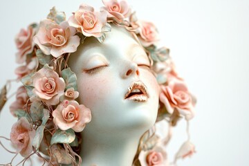 Naklejka premium Serene porcelain sculpture of a woman adorned with delicate blush roses, eyes closed in peaceful slumber.