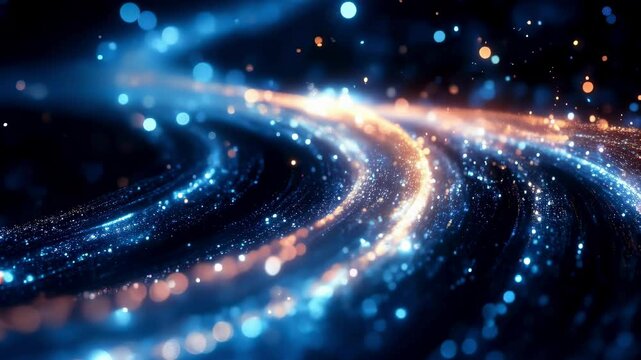 bstract fiber optic light trails in blue and orange glowing against dark background with bokeh effect. Technology network concept. Perfect for telecommunications and high-speed internet service provid