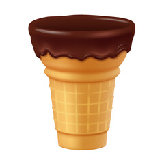 Realistic illustration of an ice cream cone with a smooth, rich chocolate topping. The waffle cone adds a classic touch, enhancing the dessert appeal.