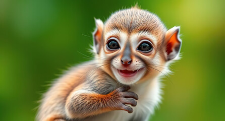 Fototapeta premium A baby squirrel monkey, happy, smiling, very cheerful