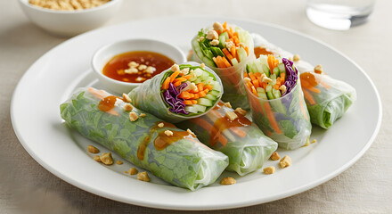 Assorted veggie spring rolls on a white dish with dipping sauce and peanuts
