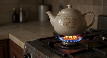 Vintage floral teapot sits atop a gas stove burner with vibrant blue flames