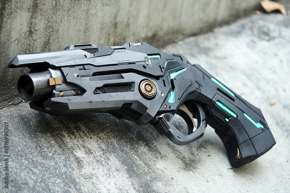 Poster futuristic hand cannon resting on a concrete surface generative ai