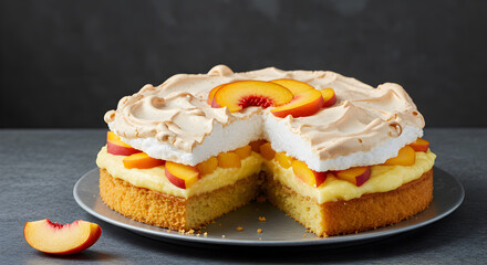 Delightful chaja cake with peaches and meringue, a sweet treat for dessert lovers