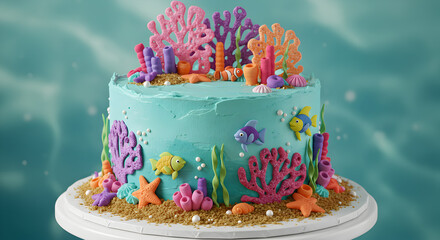 Ocean-themed cake decorated with colorful coral, sea creatures, and edible details