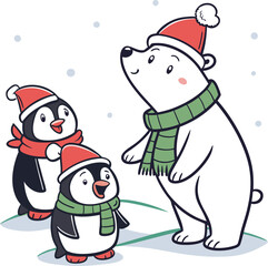 Festive Cartoon Penguins and Polar Bear in Winter Christmas Holiday Attire