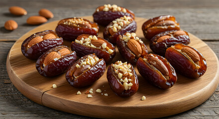 Obraz premium Delicious stuffed dates with almonds on a wooden serving board close up view