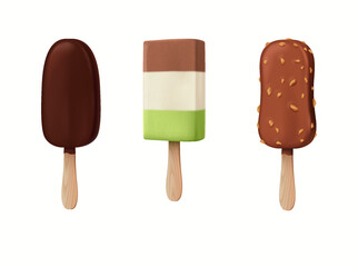Three delicious ice cream popsicles with different coatings and flavors. One is chocolatecovered, another is striped with multiple layers, and the last one has nuts.