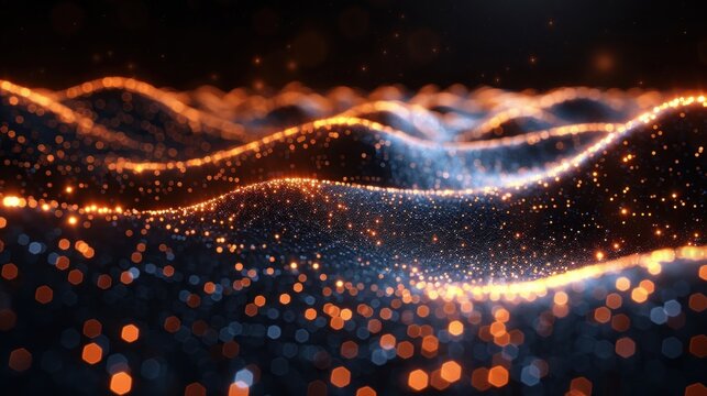 Abstract digital particles waves in dark background, glowing, for futuristic design
