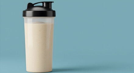 Vanilla almond protein shake in a shaker bottle against a pastel blue background
