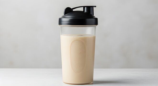Vanilla almond protein shake in shaker bottle for healthy lifestyle concept