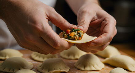 Hands carefully stuffing homemade pierogi with vegetable filling on wooden board