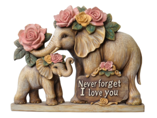 Elephant Family Statue with "Never Forget I Love You" Message Isolated on Transparent Background