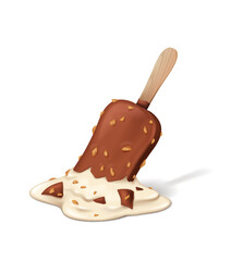 Illustration of melting ice cream bar with chocolate and nuts on stick. Vanilla ice cream is partially melted, creating a puddle with chocolate pieces.