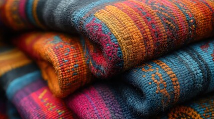 Fototapeta premium Colorful textile fabric with traditional south american pattern, detailed craftsmanship
