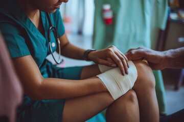 A nurse is carefully wrapping a bandage around a patients knee to provide support and protection Illustrating the correct way to apply pressure to stop bleeding .