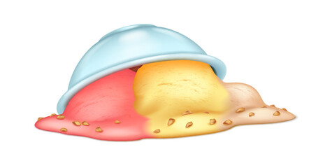 Melting ice cream scoops of various colors spill from overturned blue bowl. Multicolored dessert blends flavors creating vibrant visual appeal with scattered nuts.