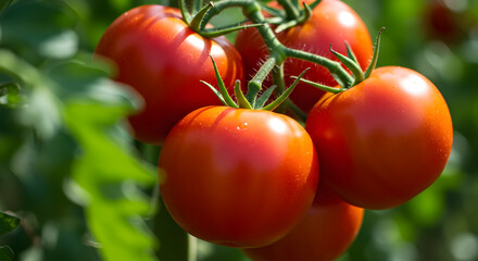 Vibrant tomatoes on the vine bask in the warm sunlight of a summer garden