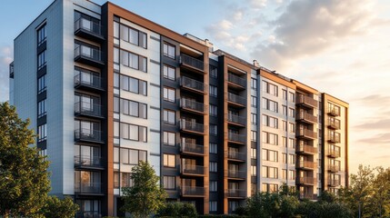 A modern multi story residential apartment building under a bright sky