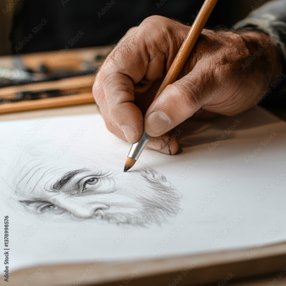 Poster a close-up of an artist's hand creating a detailed portrait with a brush on paper, showcasing the pr