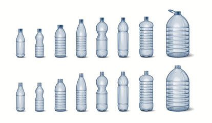 Assorted empty plastic bottles of various shapes and sizes arranged in two rows. Each bottle has a distinct design and volume capacity, emphasizing environmental awareness.