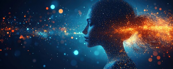 Fototapeta premium Digital profile silhouette with glowing particles depicting technology and human connectivity