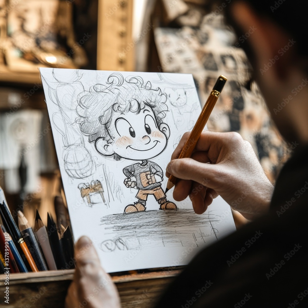 Poster Cartoonist at Work: Creating a Whimsical Character with Pencil and Paper in a Cozy Studio Setting