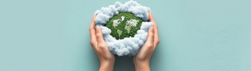 Artistic hands made of clouds cradling green world