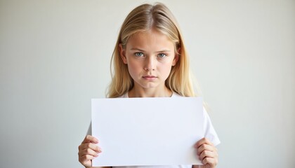 Serious Young Girl with Blank Sign Against Gray Background with Copy Space