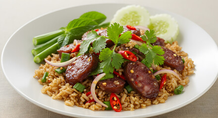 Fototapeta premium Thai crispy rice salad with sour sausage, aromatic herbs and chili garnish